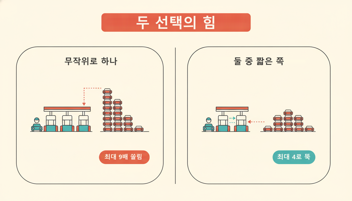 밝은 크림 배경의 플랫 벡터 인포그래픽. 왼쪽 카드는 운전자가 요금소 부스 한 곳을 무작위로 골라 그 뒤로 차량이 길게 늘어선 장면에 '최대 9배 쏠림' 배지가, 오른쪽 카드는 가까운 두 부스의 줄을 견주어 짧은 쪽으로 붙어 차량이 고르게 짧은 장면에 '최대 4로 뚝' 배지가 붙어 있다.