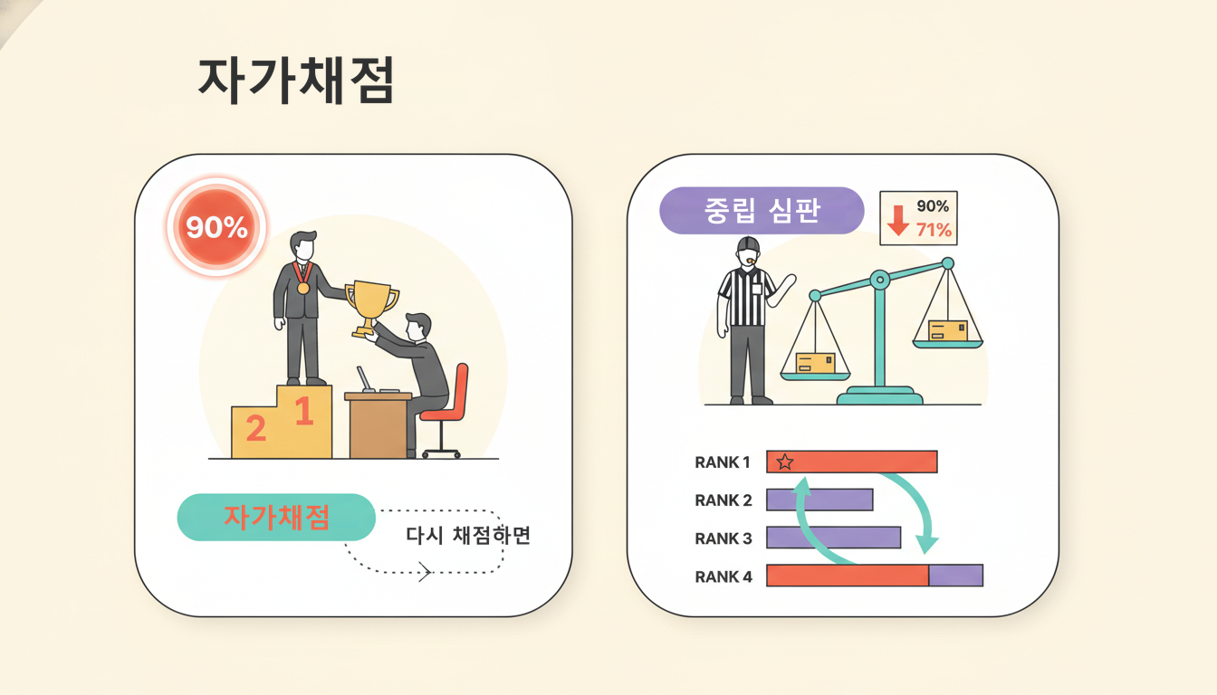 시상대 위 인물이 자기 자신에게 트로피를 건네고, 옆에서 중립 심판이 같은 제품을 다시 채점하자 점수가 내려가고 순위 막대가 자리를 바꾸는 라이트 인포그래픽