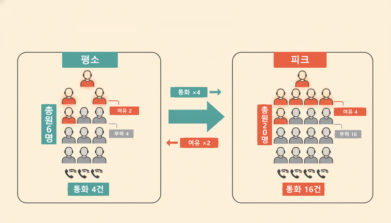 평소와 피크를 나란히 놓은 인포그래픽 — 평소는 통화 4건 위에 총원 6명(부하 4 + 여유 2), 피크는 통화 16건 위에 총원 20명(부하 16 + 여유 4). 통화가 4→16으로 4배 늘면 총원도 6→20으로 거의 4배 따라가지만, 부하 위에 얹은 여유 층만 2→4로 2배 커지도록 그 여유 층을 시각적 초점으로 강조한 구도