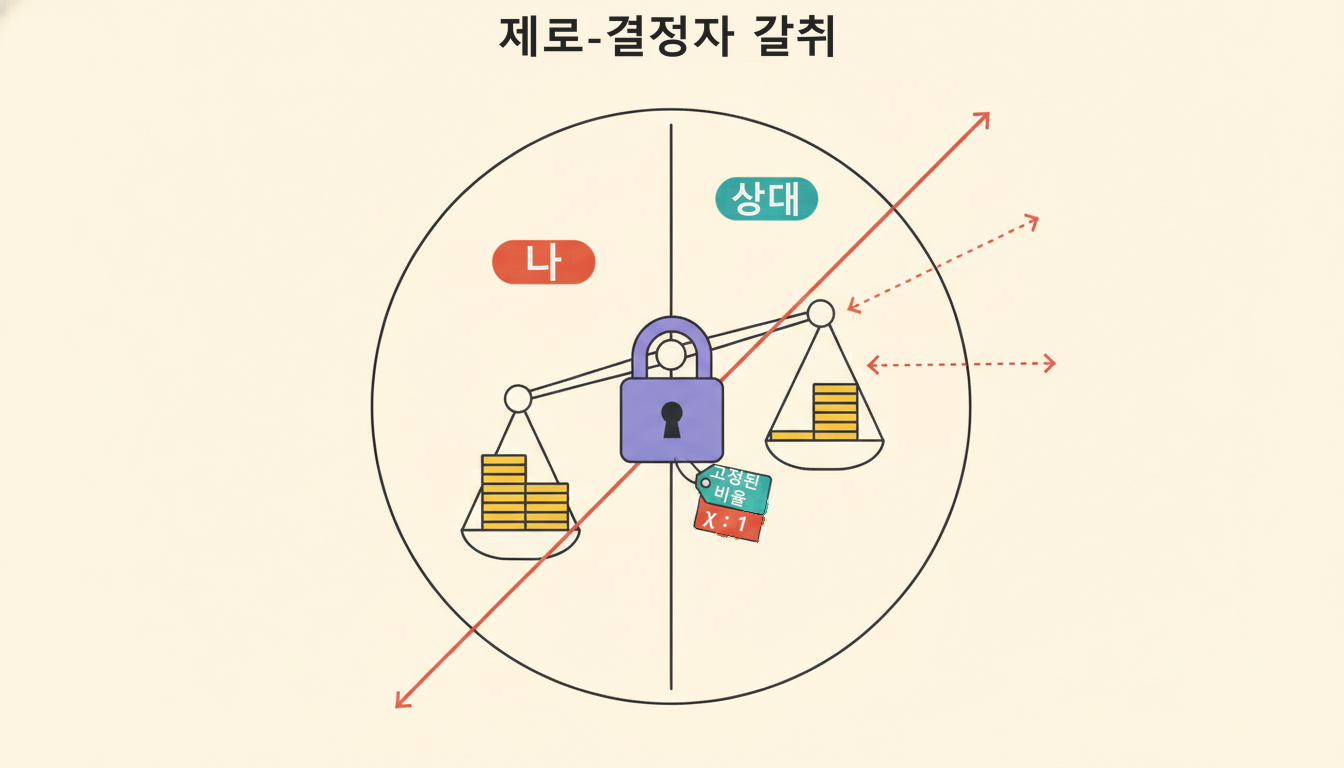 협상 테이블을 위에서 본 인포그래픽. 한쪽엔 큰 코인 더미, 반대쪽엔 작은 더미. 가운데 저울 바늘이 자물쇠로 고정돼 있고, 상대에게서 나온 세 화살표가 방향은 달라도 전부 같은 비율선으로 모인다.