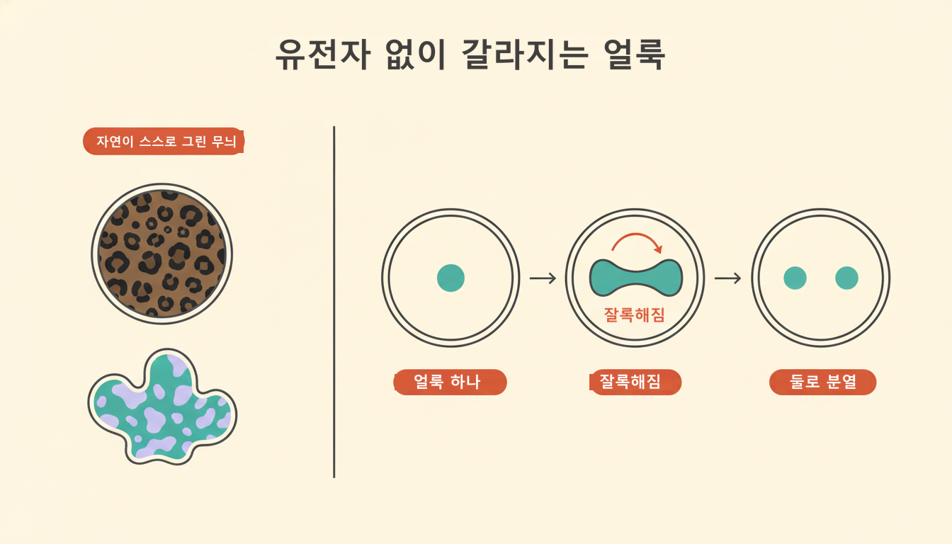 밝은 크림색 배경의 플랫 벡터 인포그래픽. 왼쪽 패널에는 표범 가죽 반점과 산호 표면의 얼룩덜룩한 무늬 아이콘이 세로로 놓여 '자연이 스스로 그린 무늬'를 이루고, 오른쪽 패널에는 둥근 접시 세 개가 화살표로 이어져 작은 얼룩 하나가 땅콩 모양으로 늘어났다가 둘로 갈라지는 과정을 보여준다.