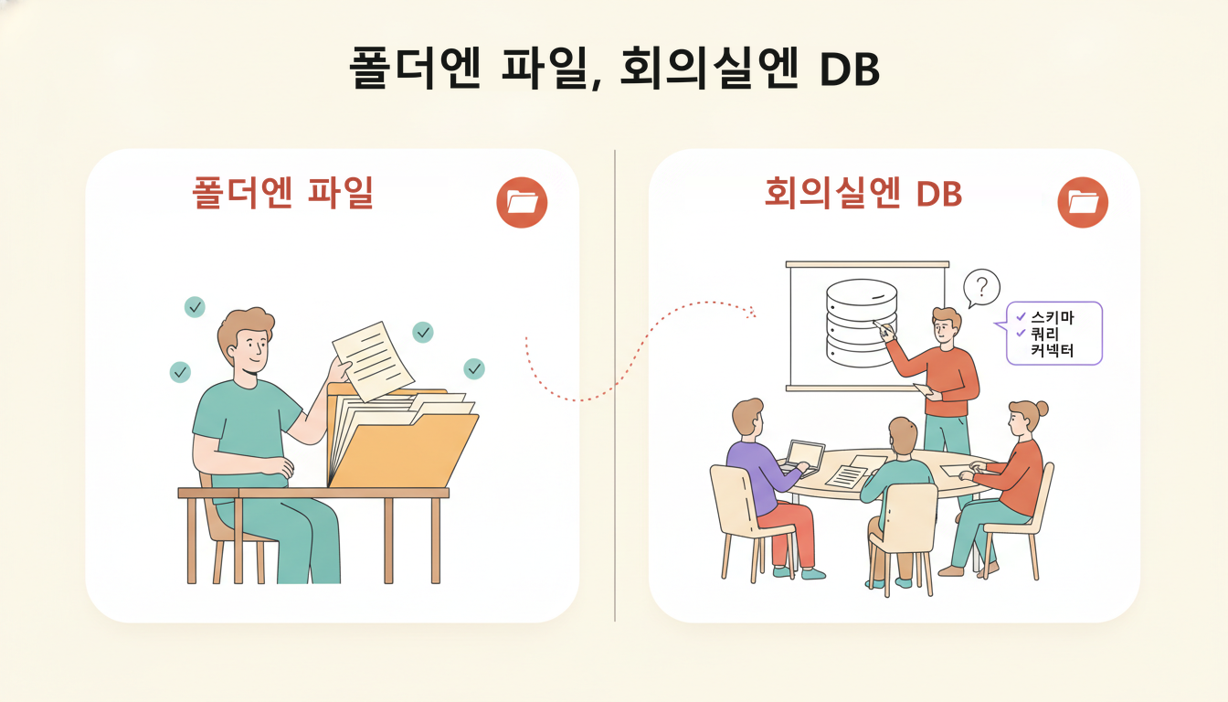 왼쪽은 개인 책상에서 폴더에 파일을 쌓는 장면, 오른쪽은 회의실 화이트보드에 원통형 데이터베이스를 그리는 장면을 나란히 둔 밝은 인포그래픽