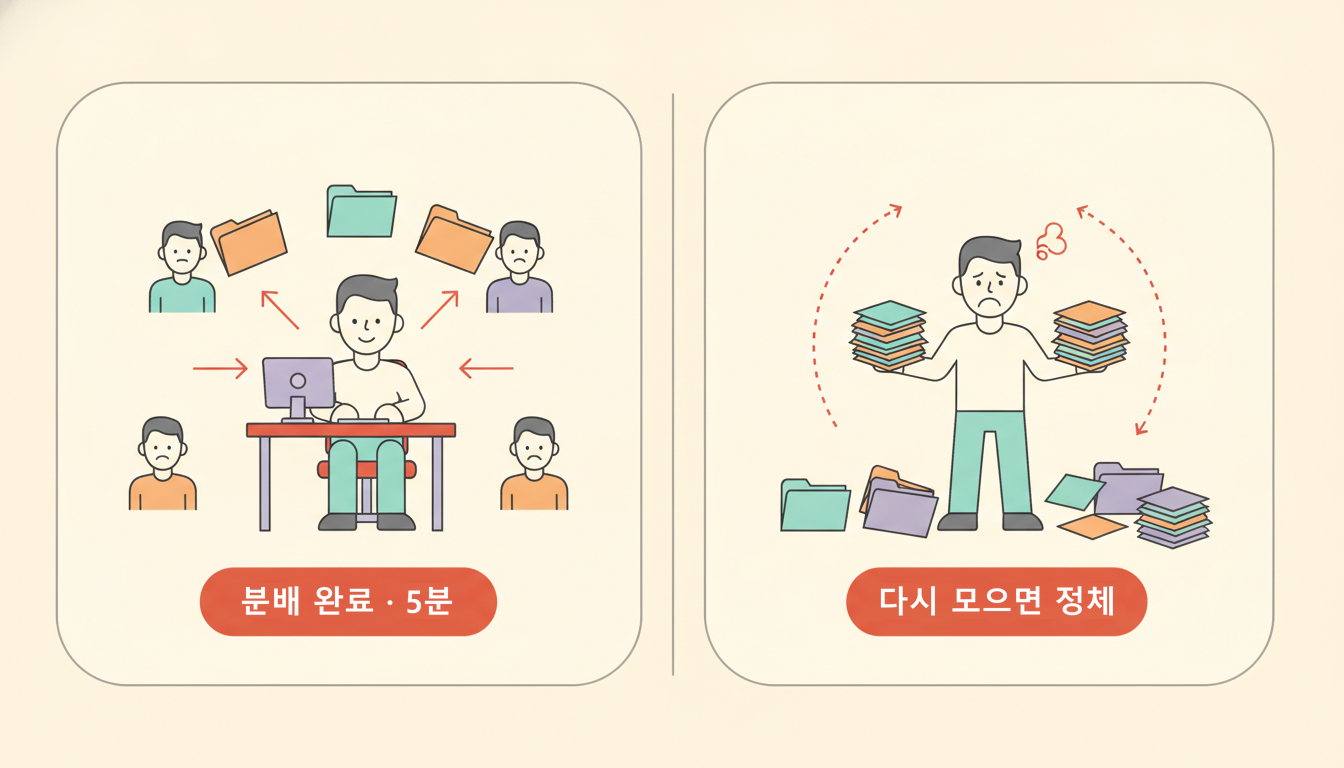 왼쪽 카드엔 책상의 작업자가 동료들에게 서류 폴더를 화살표로 나눠 주고 '분배 완료 · 5분' 배지가 뜬 장면, 오른쪽 카드엔 되돌아온 서로 다른 색 서류 더미를 두 손으로 대조하며 곤란해하는 인물과 '다시 모으면 정체' 배지