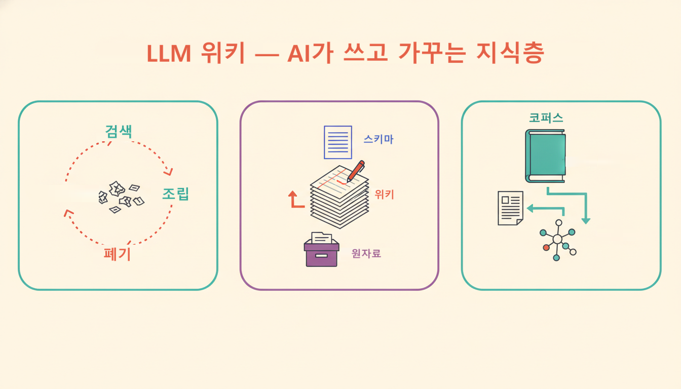 원자료·위키·스키마 3층과 RAG 반복 화살표 대 위키 누적 화살표, 코퍼스가 위키와 지식그래프로 갈라지는 밝은 인포그래픽