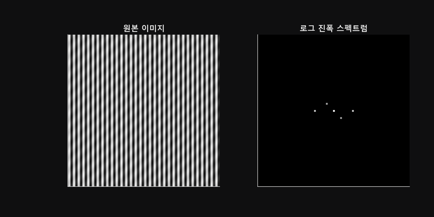 원본 줄무늬 이미지와 그 로그 진폭 스펙트럼을 나란히 놓은 두 패널. 세로 줄무늬 이미지에 대응해 스펙트럼에는 중심을 지나 가로로 뻗는 밝은 점들이 찍혀 있다.