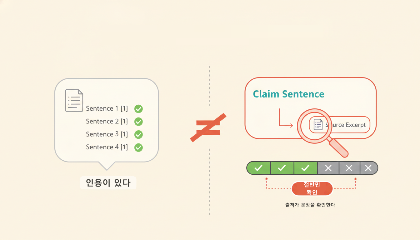 좌우 비교 인포그래픽 — 왼쪽은 각주 번호 옆에 초록 체크만 붙은 문장, 오른쪽은 돋보기로 인용 원문을 문장과 대조해 절반이 갈리는 판정 막대