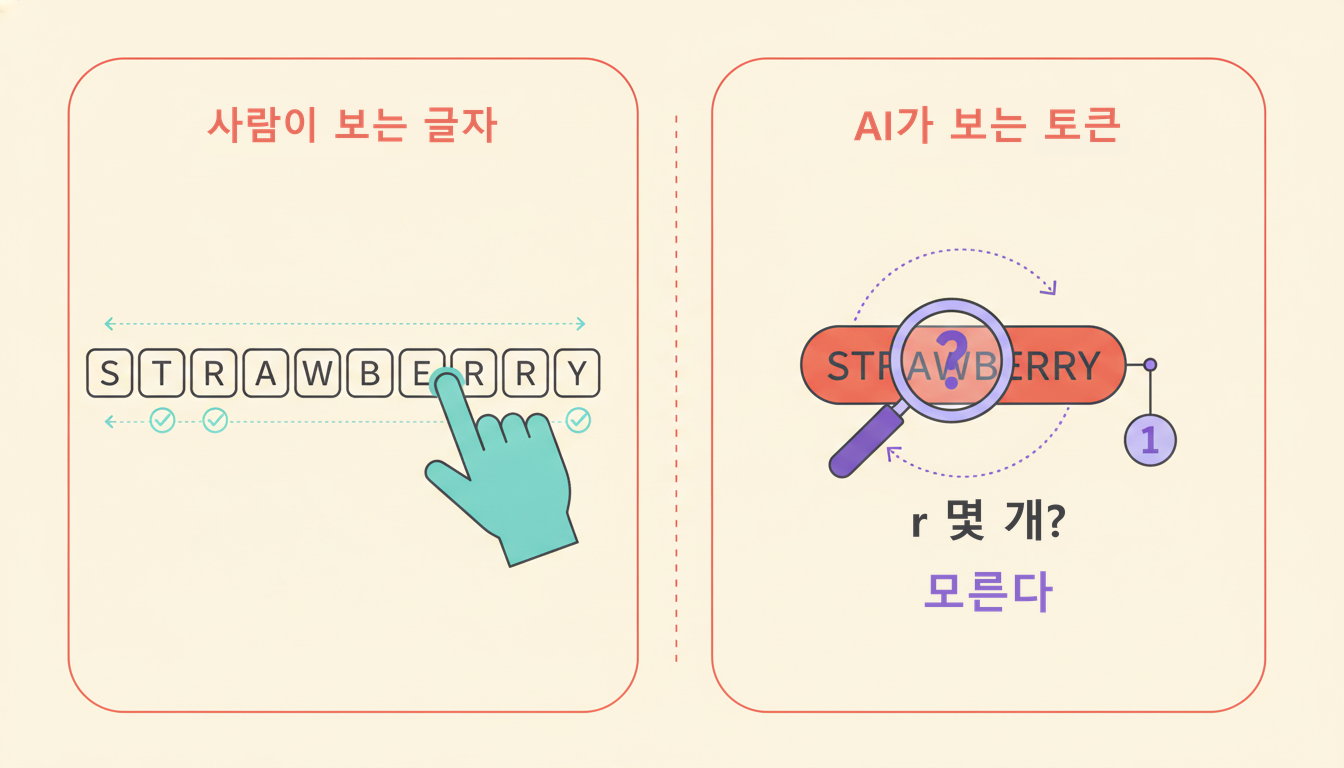 사람은 글자를 하나씩 보고, AI는 단어 하나를 통짜 토큰으로 받는다는 좌우 비교