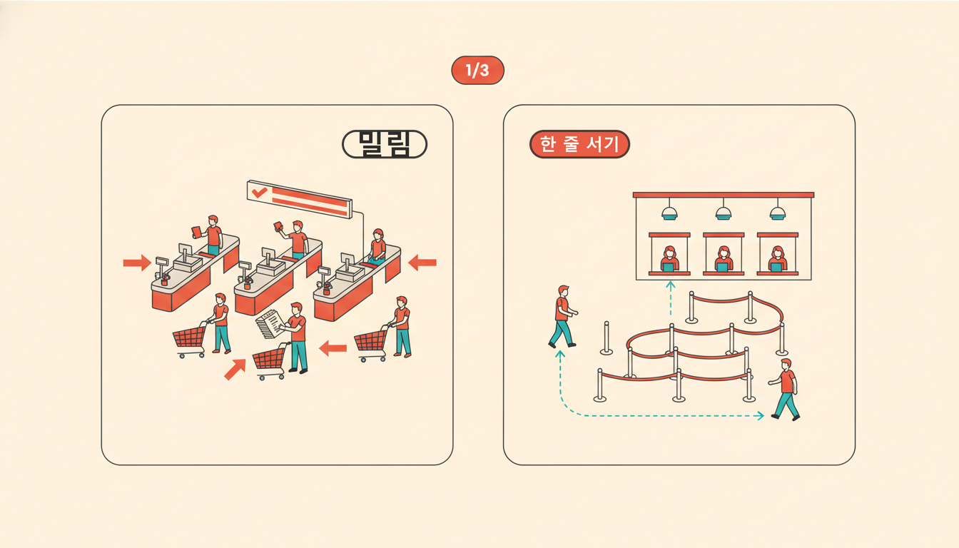 왼쪽은 쿠폰 손님 때문에 가운데 줄이 멈춘 마트 계산대 세 줄, 오른쪽은 한 줄로 서서 빈 창구로 가는 은행 장면