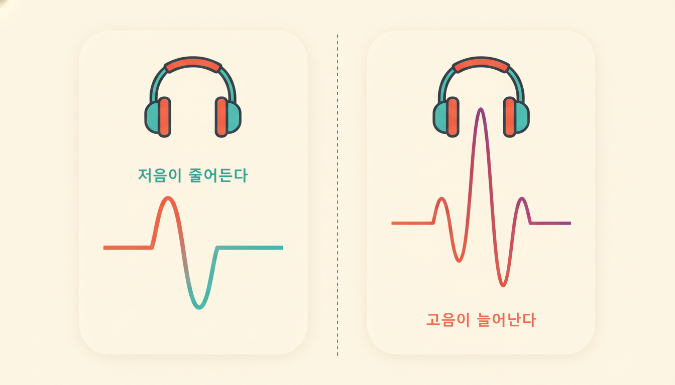 밝은 크림색 배경의 인포그래픽 카드 두 장. 왼쪽 카드에는 헤드폰 아래에서 낮은 파형이 오른쪽으로 갈수록 잦아들어 평평한 선이 되고("저음이 줄어든다" 라벨), 오른쪽 카드에는 같은 헤드폰 아래 촘촘한 파형이 가운데에서 크게 부풀어 오른다("고음이 늘어난다" 라벨)