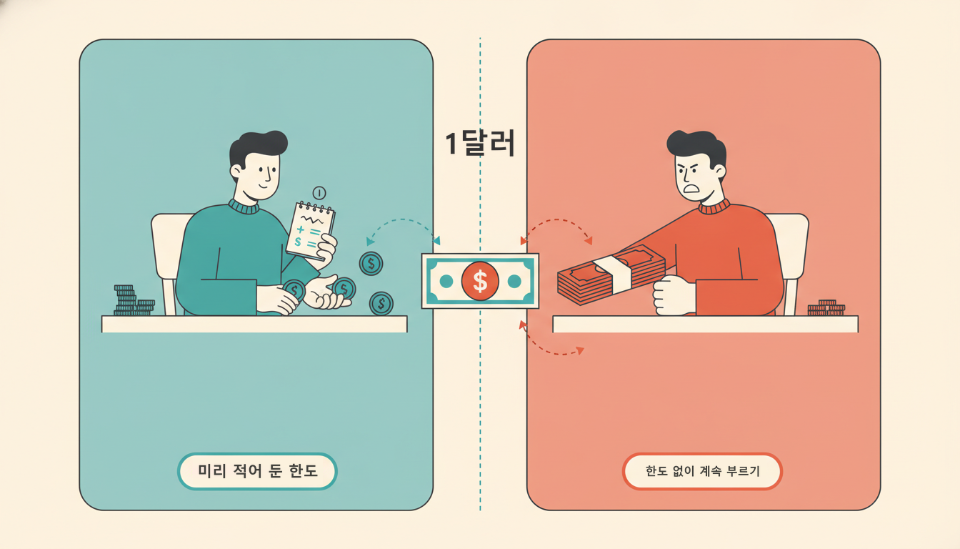 세로로 긴 두 장의 카드가 맞닿은 장면. 가운데 놓인 1달러 지폐를 향해 왼쪽 사람은 메모지에 계산을 적어 확인한 뒤 동전 몇 개를 밀어 넣고, 오른쪽 사람은 주먹을 쥔 채 지폐 다발을 밀어 넣는다. 오른쪽 사람 옆의 동전 더미가 훨씬 더 줄어 있다