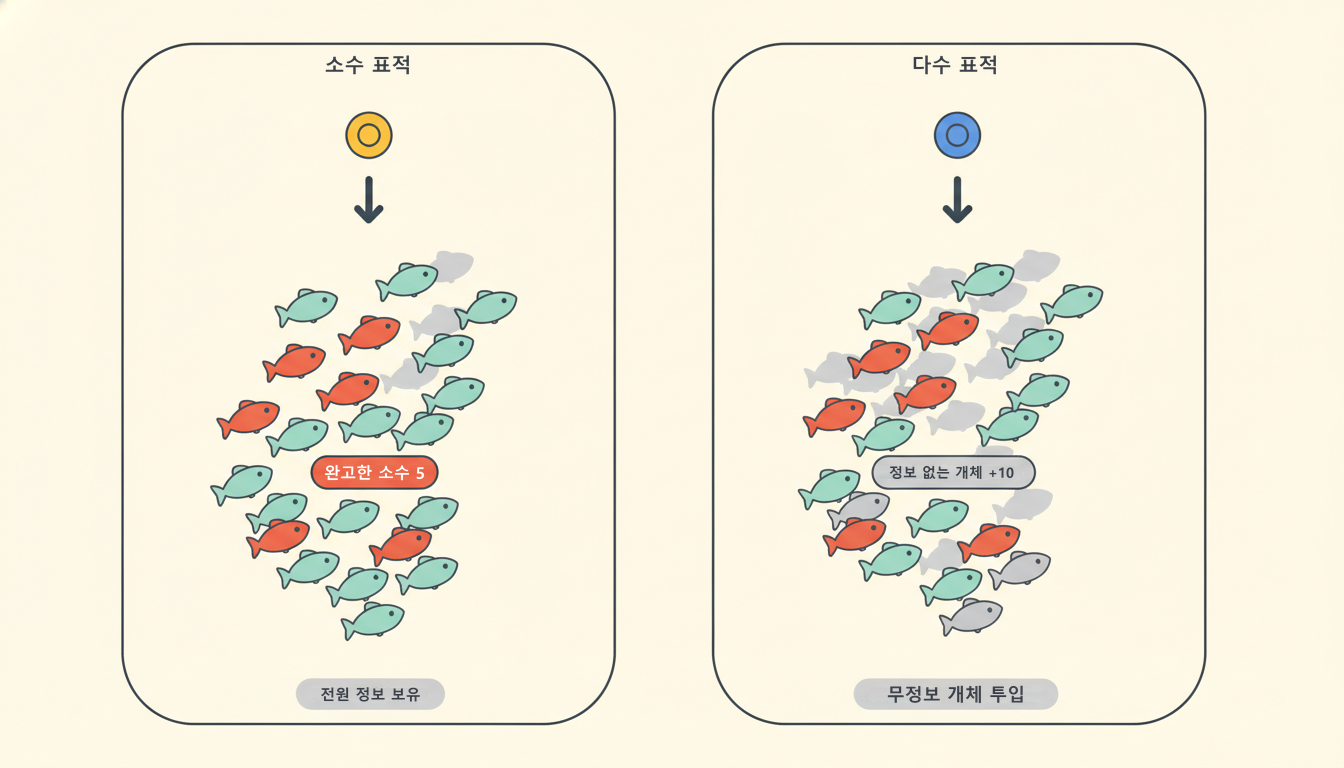 두 패널 비교 인포그래픽. 전원이 정보를 가진 왼쪽 무리는 소수 표적(노랑) 아래 모여 있고, 회색 무정보 개체가 섞인 오른쪽 무리는 다수 표적(파랑) 아래 모여 있다. 붉은 물고기가 완고한 소수다
