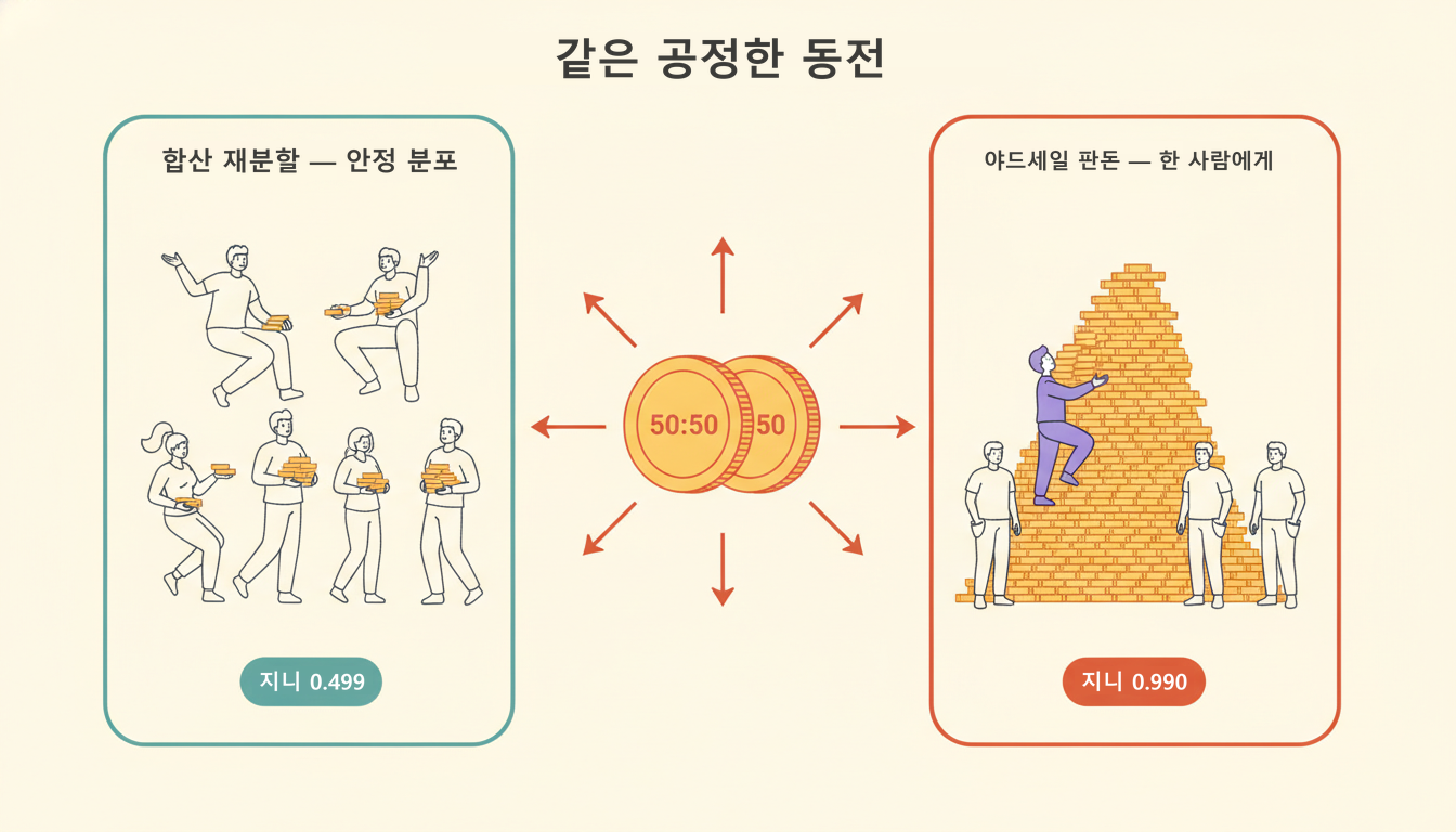 중앙의 공정한 동전(50대 50)에서 양쪽 패널로 화살표가 퍼진다. 왼쪽 패널은 여섯 사람이 비슷한 동전 더미를 하나씩 들고 서 있고 지니 0.499 배지, 오른쪽 패널은 한 사람이 동전 산더미를 기어오르고 나머지 셋은 빈손으로 서 있으며 지니 0.990 배지가 달려 있다