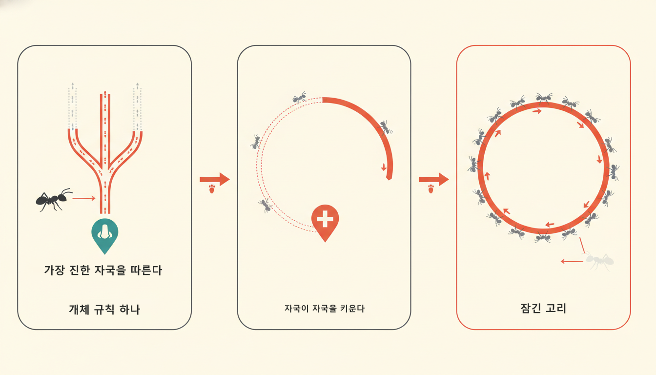 개체 규칙에서 양의 피드백을 거쳐 잠긴 고리에 이르는 세 단계 인포그래픽