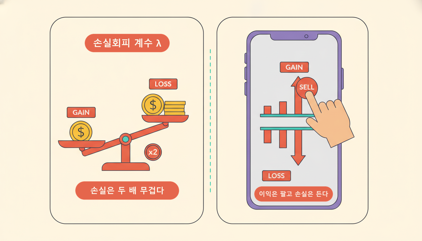왼쪽 패널의 저울은 한쪽 접시에 동전 하나(GAIN), 다른 쪽 접시에 동전 더미(LOSS)와 x2 배지가 놓여 기울어져 있고, 오른쪽 패널의 스마트폰에서는 손가락이 위쪽 이익 막대의 SELL을 누르고 아래쪽 손실 막대는 비어 있는 그림