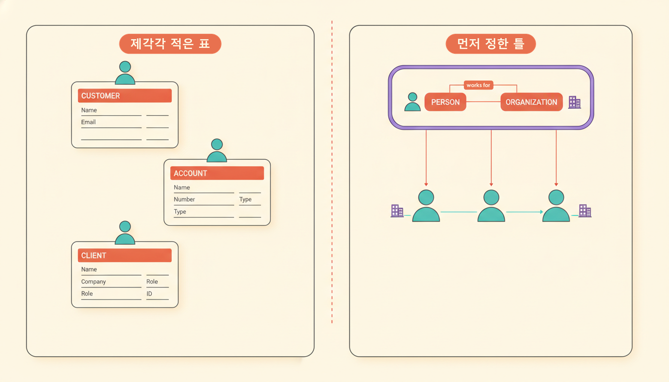 두 패널 비교 그림. 왼쪽 '제각각 적은 표' 패널에는 머리글이 CUSTOMER·ACCOUNT·CLIENT 로 제각각인 표 카드 세 장이 서로 다른 높이에 흩어져 떠 있고, 카드마다 같은 사람 아이콘이 하나씩 올라앉아 있으며, 카드 사이를 잇는 선은 하나도 없다. 오른쪽 '먼저 정한 틀' 패널에는 표가 없다. 보라색 테두리의 틀 안에 PERSON 상자와 ORGANIZATION 상자가 'works for' 이름표가 붙은 선으로 이어져 있고, 왼쪽 상자 옆에는 사람 아이콘이, 오른쪽 상자 옆에는 건물 아이콘이 놓였다. 틀의 아래변에서 붉은 화살표 셋이 곧장 내려와 한 줄로 늘어선 사람 아이콘 셋에 하나씩 닿고, 그 셋은 청록 화살표로 옆끼리 이어지며, 줄 양 끝에는 건물 아이콘이 하나씩 서 있다
