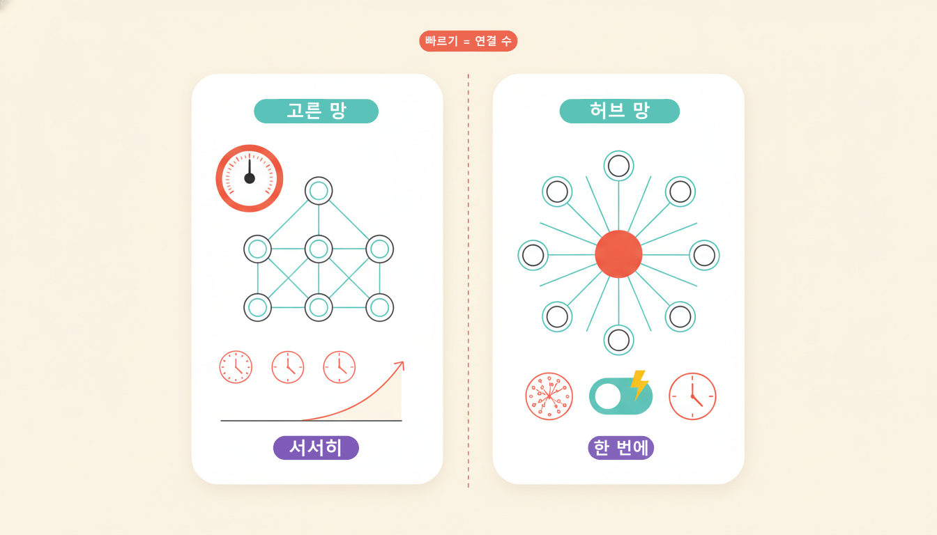 손잡이를 올리는 두 실험대 — 고른 망은 서서히, 허브 망은 한 번에 정렬된다
