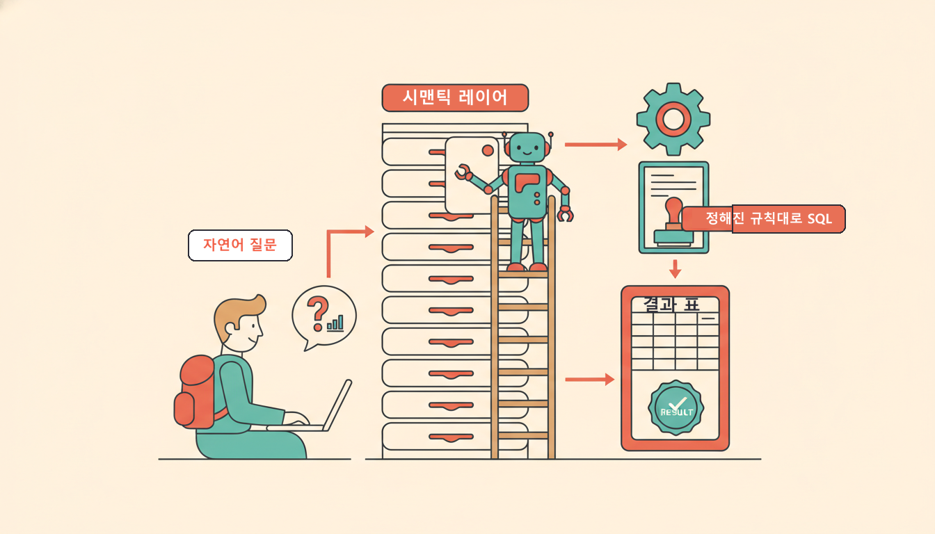 노트북 앞에서 질문 말풍선을 띄운 사람, 그 질문이 화살표로 닿는 천장까지 쌓인 시맨틱 레이어 정의 카드 벽, 사다리 위에서 카드 한 장만 꺼내 드는 로봇. 꺼낸 카드는 기어와 도장 찍힌 SQL 문서를 거쳐 체크마크 배지가 붙은 결과 표로 이어진다
