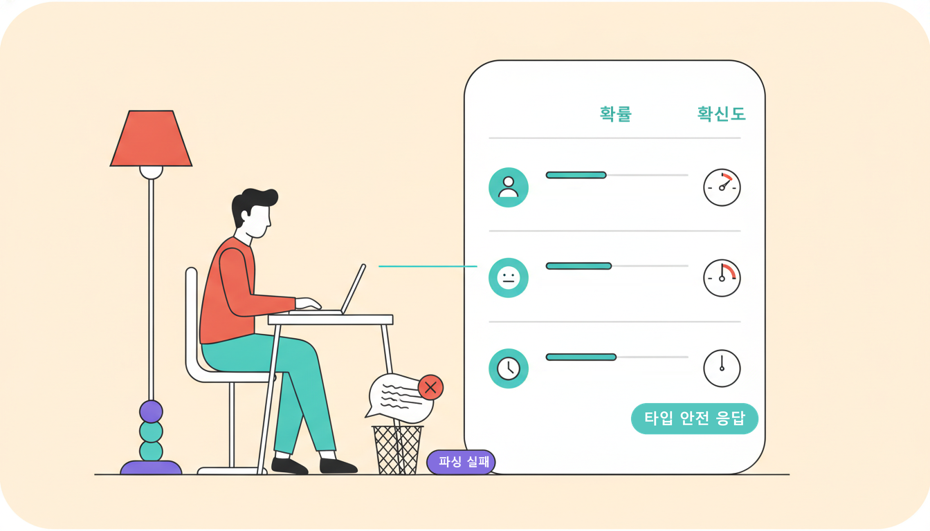 왼쪽에는 한 사람이 책상 앞에 앉아 노트북을 두드리고 있고 그 뒤로 키 큰 플로어 스탠드가 서 있다. 노트북 화면 옆에서 얇은 청록 선 하나가 오른쪽으로 뻗어 모서리가 둥근 세로로 긴 카드에 닿는다. 카드 위쪽에는 「확률」과 「확신도」라는 열 이름 둘이 적혀 있고, 그 아래로 청록 원에 담긴 사람 아이콘·무표정한 얼굴 아이콘·시계 아이콘이 줄 세 개를 이룬다. 줄마다 일부만 채워진 청록 막대 하나와 바늘이 달린 작은 원형 게이지 하나가 나란히 놓여 있고, 카드 아래쪽에는 「타입 안전 응답」이라고 쓴 청록 칩이 있다. 책상 밑 그물망 휴지통에는 읽을 수 없는 물결선이 담긴 구겨진 말풍선이 걸쳐져 있고 그 위에 빨간 X 배지가 붙어 있으며, 휴지통 옆 바닥에는 「파싱 실패」라고 쓴 보라색 칩이 놓여 있다.
