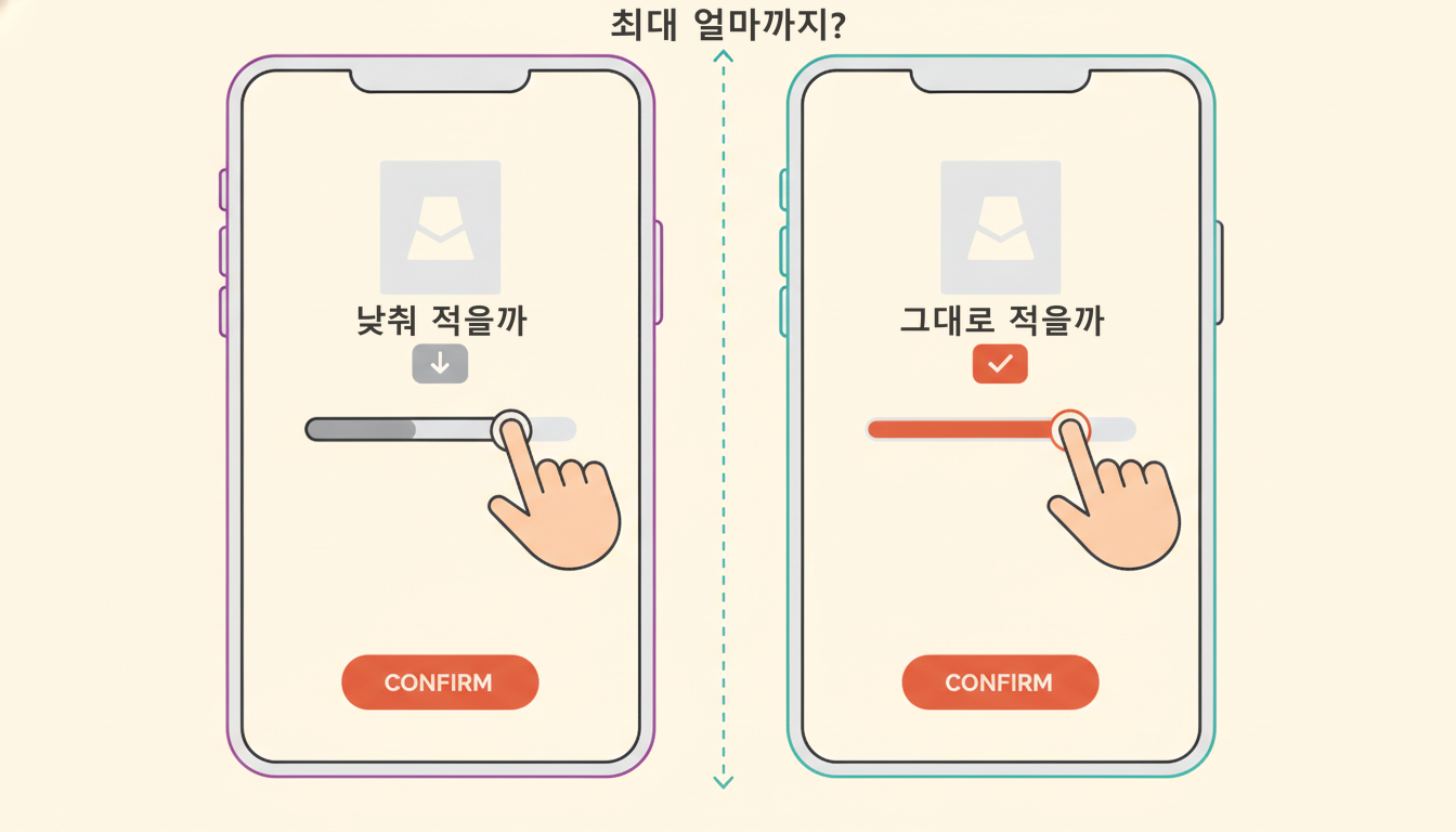 같은 경매 앱 화면이 두 패널에 나란히 놓여 있고, 왼쪽은 손가락이 입찰 슬라이더를 3분의 1만 밀어 둔 회색 화면, 오른쪽은 같은 슬라이더를 끝까지 민 강조색 화면이다