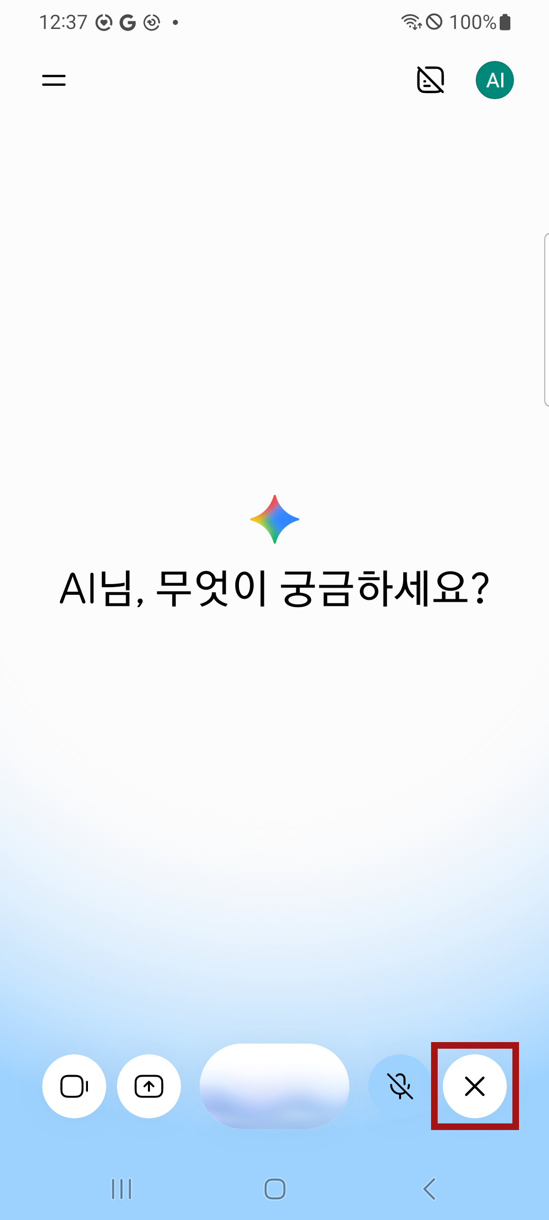 소리 대화 화면. 아래에 동그란 단추들이 줄지어 있고, 맨 오른쪽 가위표 단추가 빨간 테두리로 표시되어 있다.