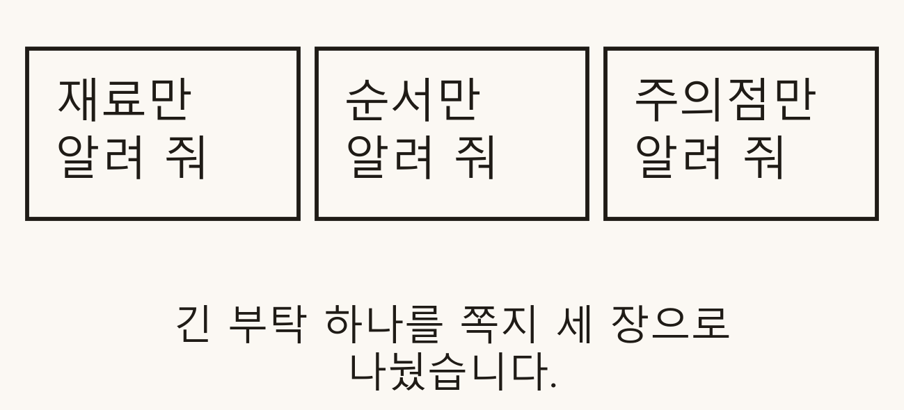 쪽지 세 장. 재료만 알려 줘, 순서만 알려 줘, 주의점만 알려 줘가 각각 한 장씩 나란히 놓여 있다.