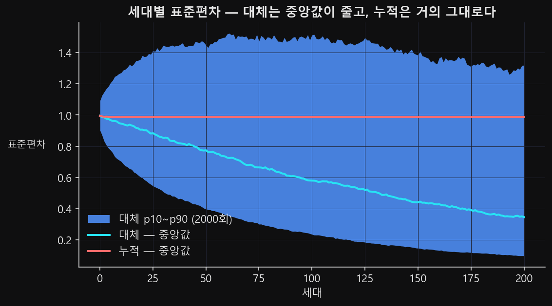 대체 조건의 세대별 표준편차 — 가운데 중앙값 선이 계속 내려가고 위아래 10~90퍼센타일 띠가 넓게 벌어지는데, 누적 조건의 중앙값 선은 위쪽에 거의 수평으로 놓여 있다